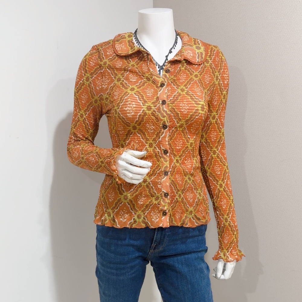 Free People Caught A Feeling Cardi Smocked Button Front Long Sleeve Top Size S